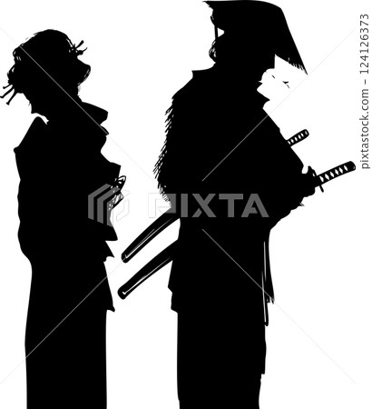 Monochrome paper-cut silhouette of a samurai wearing a bamboo hat and an Edo town girl in love 124126373