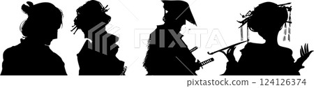 A paper-cut style vector silhouette illustration of a love triangle between a Yoshiwara prostitute, a townsman's daughter, and a young ronin samurai 124126374