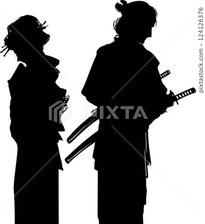 Monochrome paper-cut style silhouette of an Edo town girl in love with a young samurai 124126376
