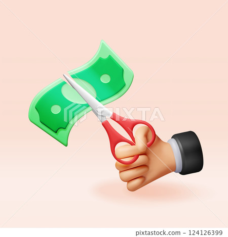 3D hand with scissors cutting dollar banknote 124126399