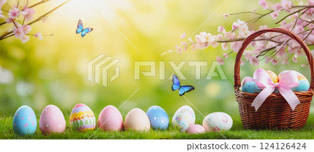 Easter basket with eggs under a blossoming tree against the backdrop of sun rays 124126424