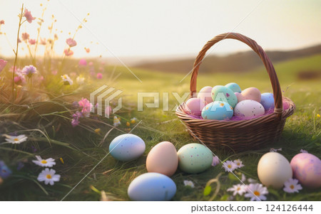 Easter basket with colored eggs on the background of a landscape, field and flowers 124126444