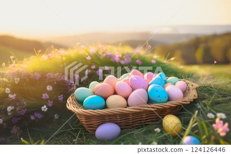 Easter basket with colored eggs on the background of a landscape, field and flowers 124126446