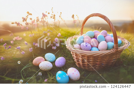Easter basket with colored eggs on the background of a landscape, field and flowers 124126447