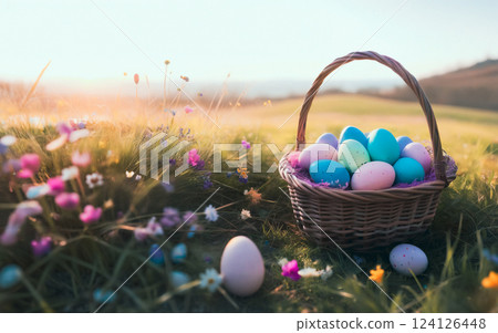 Easter basket with colored eggs on the background of a landscape, field and flowers 124126448