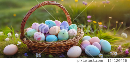 Easter basket with colored eggs on the background of a landscape, field and flowers 124126456