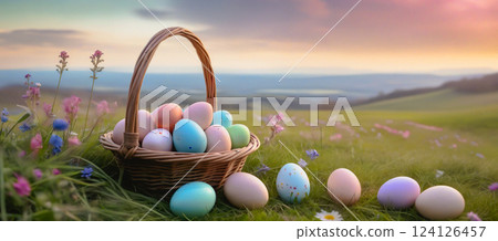 Easter basket with colored eggs on the background of a landscape, field and flowers 124126457