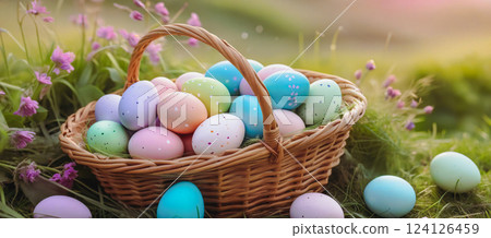 Easter basket with colored eggs on the background of a landscape, field and flowers 124126459