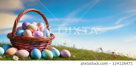 Easter basket with colored eggs on the background of a field of flowers 124126471