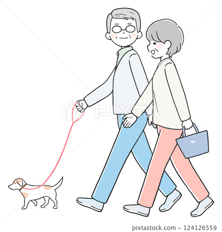 Senior couple walking their dog together 124126559