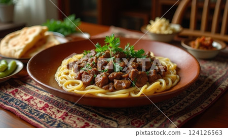 Spiced Meat Stew with Pasta and Herbs in a Rustic Setting Spiced Meat Stew with Pasta and Herbs in a Rustic Setting 124126563