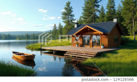 Serene wooden cabin by tranquil lake surrounded by lush forests on a sunny day 124126566