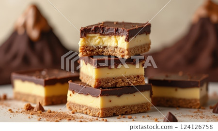 Enjoying delicious Nanaimo bars from Canada with creamy filling and chocolate topping 124126758