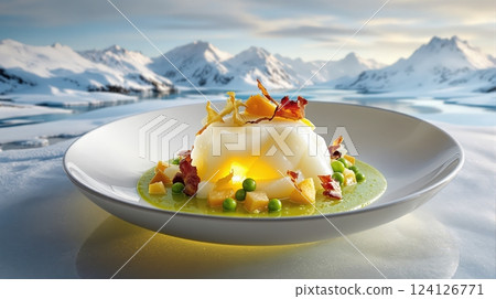Traditional lutefisk served with flavors of Norway among breathtaking snowy mountains 124126771