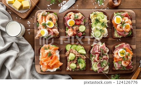 Enjoying traditional Norwegian smorbrod featuring fresh ingredients and delightful toppings 124126776