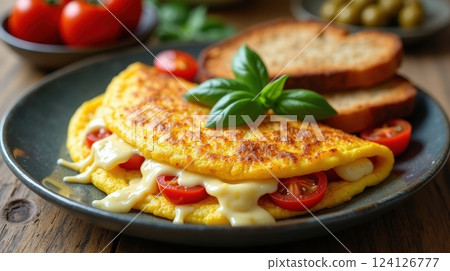 Delicious tomato and cheese omelet served with fresh basil and toast on a rustic wooden table 124126777