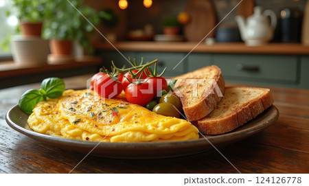 Breakfast with a fluffy omelette, fresh tomatoes, and toasted bread on a rustic table 124126778
