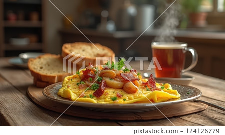 Delicious breakfast featuring omelet, fried potatoes, bacon, and steaming tea on a wooden table 124126779