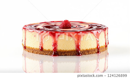 Delicious cheesecake topped with raspberry sauce and fresh berry on a white background Delicious cheesecake topped with raspberry sauce and fresh berry on a white background 124126899
