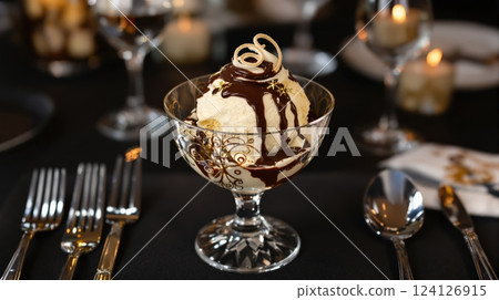 Delicious Dame Blanche Belgian ice cream dessert served elegantly at a dinner table 124126915