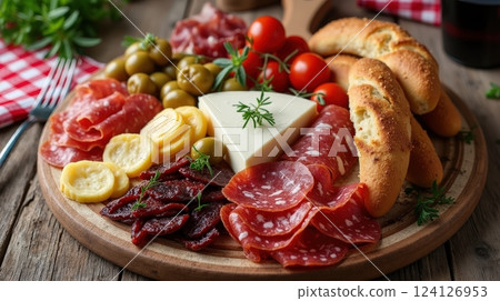 Enjoying a delightful Italian antipasto platter with various cured meats, cheeses, and bread 124126953