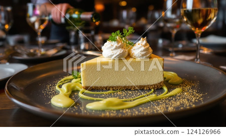 Key lime pie served on a dark plate in an elegant restaurant setting with garnishes Key lime pie served on a dark plate in an elegant restaurant setting with garnishes 124126966