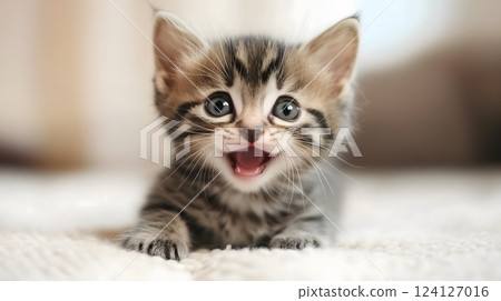 Adorable Tabby Kitten with Big Blue Eyes and Open Mouth 124127016