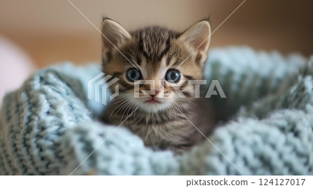 Adorable Tabby Kitten with Blue Eyes Wrapped in a Soft Knitted Blanket 124127017