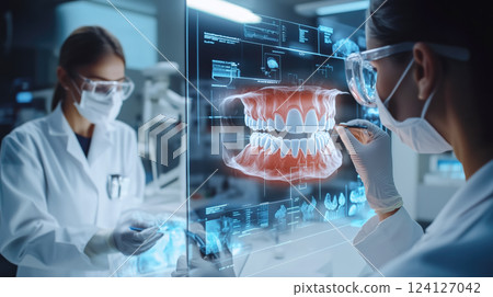 Dentist analyses a tooth X-ray holographic film. The concept of dental care, diagnostics, and precision in oral health treatment with modern technology. Generative AI. 124127042
