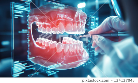 Dentist analyses a tooth X-ray holographic film. The concept of dental care, diagnostics, and precision in oral health treatment with modern technology. Generative AI. 124127043