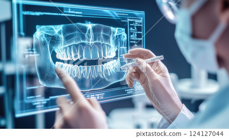 Dentist analyses a tooth X-ray holographic film. The concept of dental care, diagnostics, and precision in oral health treatment with modern technology. Generative AI. 124127044