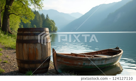 Scenic lake view with a wooden boat and barrel beside the water in a tranquil setting 124127110
