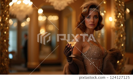 Elegant woman in glamorous attire holds a cocktail at a lavish event during the evening 124127125