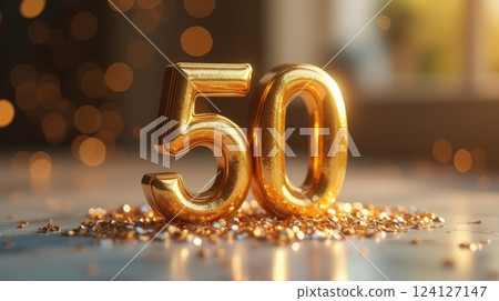 Golden number 50 shines bright in a cheerful celebration with sparkling confetti Golden number 50 shines bright in a cheerful celebration with sparkling confetti 124127147