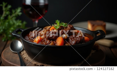 Savory beef bourguignon prepared with root vegetables and herbs in a rustic setting 124127182