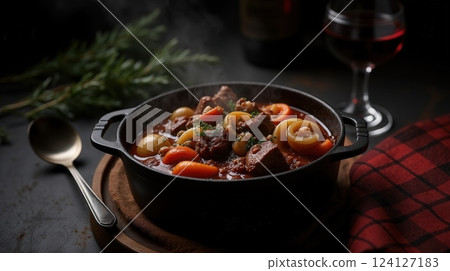Delicious beef bourguignon served in a cast iron pot with rich gravy and vegetables 124127183