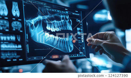 Dentist analyses a tooth X-ray holographic film. The concept of dental care, diagnostics, and precision in oral health treatment with modern technology. Generative AI. 124127390