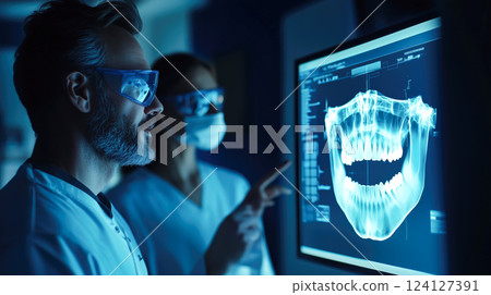 Dentist analyses a tooth X-ray holographic film. The concept of dental care, diagnostics, and precision in oral health treatment with modern technology. Generative AI. 124127391