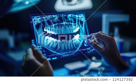 Dentist analyses a tooth X-ray holographic film. The concept of dental care, diagnostics, and precision in oral health treatment with modern technology. Generative AI. 124127392