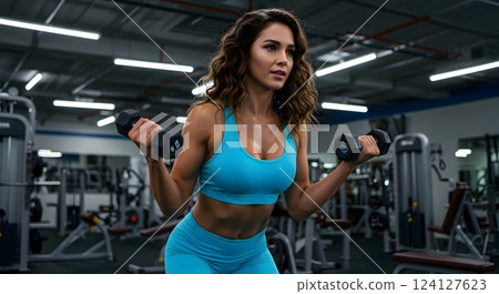 Focused Caucasian Woman Lifting Dumbbells in Gym Wearing Blue Activewear 124127623