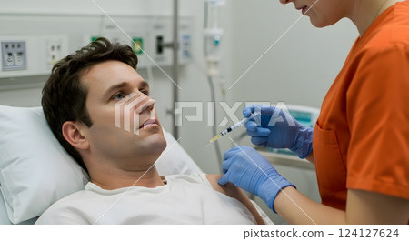 Nurse Administering Injection to Male Patient in Hospital 124127624