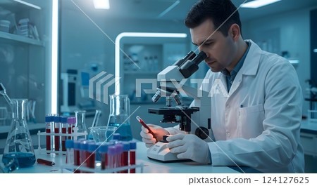 Scientist Examining Blood Sample Under Microscope in Modern Laboratory 124127625