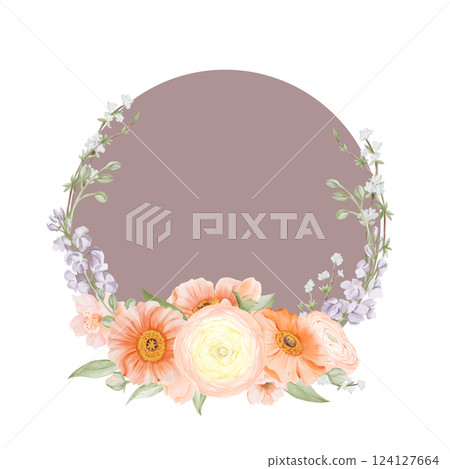 Elegant floral Spring frame with soft Ranunculus and Iceland Poppies Flowers, Freesia, Peach or Cherry, Snow Willow Branches arranged around a muted brown circle. Watercolor hand drawn botanical 124127664