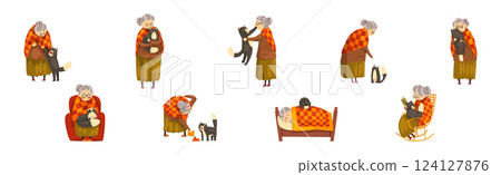 Funny Granny with Her Black Cat Pet Vector Set Funny Granny with Her Black Cat Pet Vector Set 124127876
