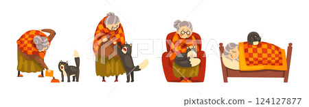 Funny Granny with Her Black Cat Pet Vector Set 124127877