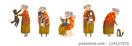 Funny Granny with Her Black Cat Pet Vector Set Funny Granny with Her Black Cat Pet Vector Set 124127878