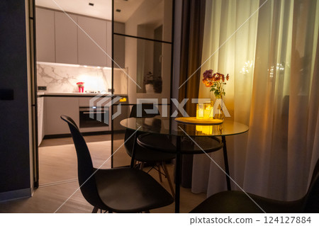 Modern Apartment Interior Design Evening Kitchen Dining Room Glass Partition 124127884