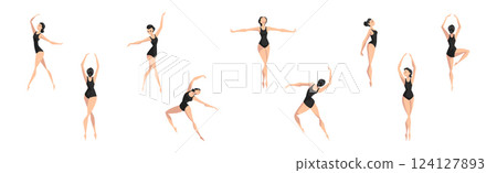 Female Ballet Dancer Performing in Black Leotard Vector Set Female Ballet Dancer Performing in Black Leotard Vector Set 124127893
