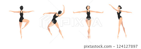 Female Ballet Dancer Performing in Black Leotard Vector Set Female Ballet Dancer Performing in Black Leotard Vector Set 124127897