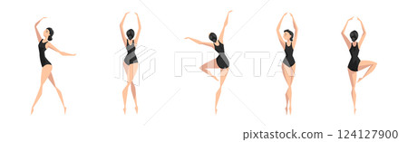 Female Ballet Dancer Performing in Black Leotard Vector Set 124127900